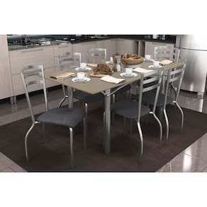 Conjunto: Mesa de Cozinha Elba Tampo Madeirado c/ Vidro 160cm e 6 Cadeiras Portugal Cromada/Freijo Bronze - Courano Preto - Kappesberg