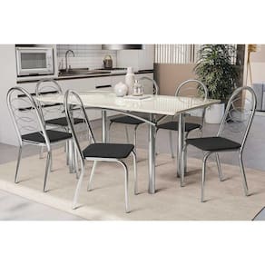 Conjunto: Mesa de Cozinha Elba Tampo Madeirado c/ Vidro 160cm e 6 Cadeiras Holanda Cromada/Off White - Courano Preto - Kappesberg
