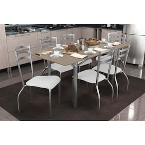 Conjunto: Mesa Sala Jantar Elba Tampo Madeirado c/ Vidro 160cm e 6 Cadeiras Portugal Cromada/Freijo Bronze - Courano Branco - Kappesberg