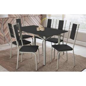 Conjunto: Mesa Sala Jantar Elba Tampo Madeirado c/ Vidro 160cm e 6 Cadeiras Lisboa Niquel/Preto - Courano Preto - Kappesberg