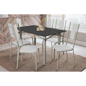 Conjunto: Mesa Sala Jantar Elba Tampo Madeirado c/ Vidro 120cm e 6 Cadeiras Lisboa Niquel/Preto - Courano Branco - Kappesberg