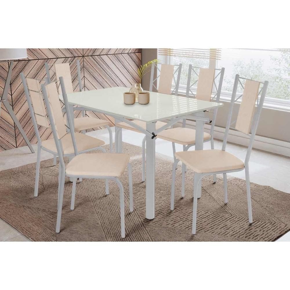 Conjunto: Mesa de Cozinha Elba Tampo Madeirado c/ Vidro 120cm e 6 Cadeiras Lisboa Cromada/Off White - Courano Bege - Kappesberg