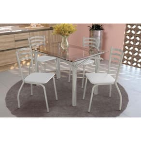 Conjunto: Mesa de Cozinha Elba c/ Tampo de Vidro 120cm e 4 Cadeiras Portugal Niquel - Courano Branco - Kappesberg