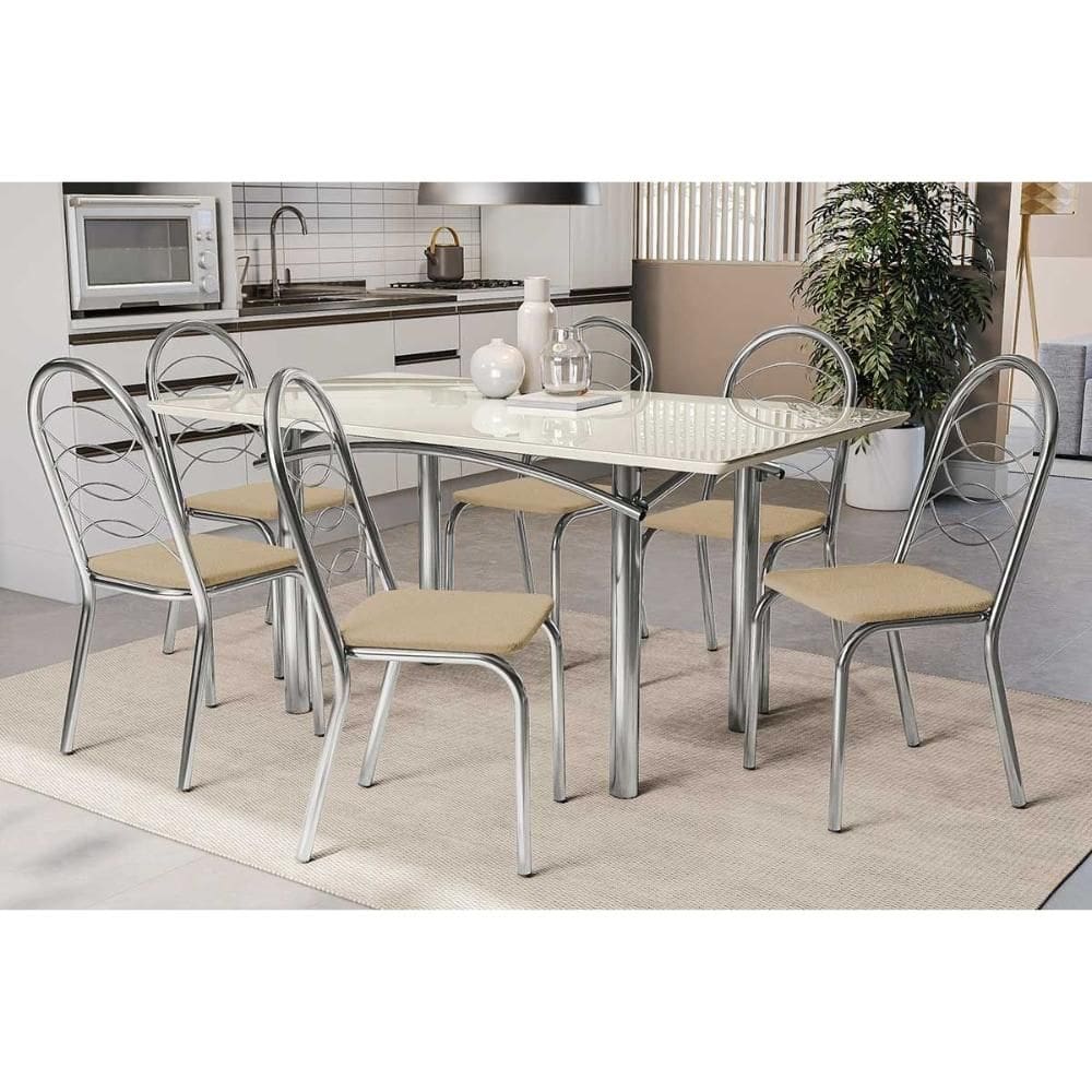 Conjunto: Mesa Sala Jantar Elba Tampo Madeirado c/ Vidro 160cm e 6 Cadeiras Holanda Cromada/Off White - Courano Bege - Kappesberg