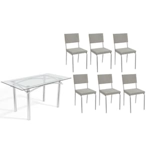Conjunto: Mesa de Cozinha Elba c/ Tampo de Vidro 150cm e 6 Cadeiras Zaria Cromada - Boucle Cinza - Kappesberg