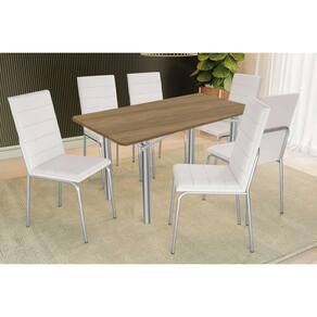 Conjunto: Mesa Sala Jantar Elba c/ Tampo de Madeira 160cm e 6 Cadeiras Amsterdã Cromada/Nogueira - Courano Branco - Kappesberg