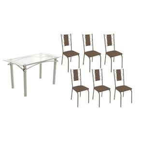 Conjunto: Mesa Sala Jantar Elba c/ Tampo de Vidro 140cm e 6 Cadeiras Lisboa Niquel - Courano Marrom - Kappesberg