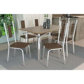 Conjunto: Mesa de Cozinha Elba Tampo Madeirado c/ Vidro 120cm e 6 Cadeiras Florença Cromada/Freijo Bronze - Courano Marrom - Kappesberg