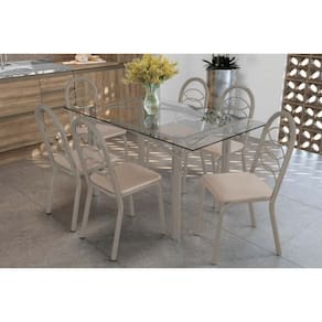 Conjunto: Mesa Sala Jantar Elba c/ Tampo de Vidro 150cm e 6 Cadeiras Holanda Niquel - Courano Bege - Kappesberg