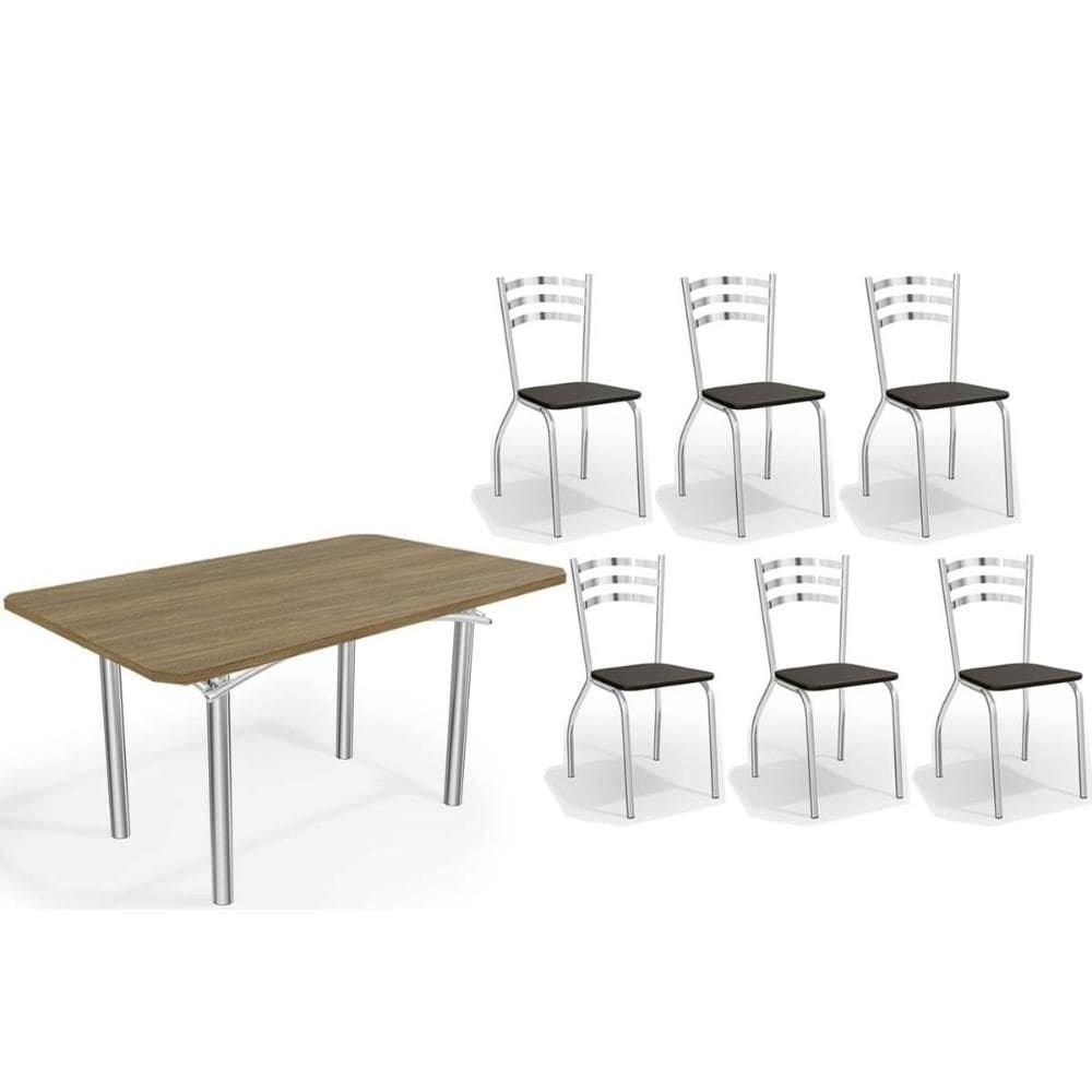 Conjunto: Mesa de Cozinha Elba c/ Tampo de Madeira 160cm e 6 Cadeiras Portugal Cromada/Nogueira - Courano Preto - Kappesberg