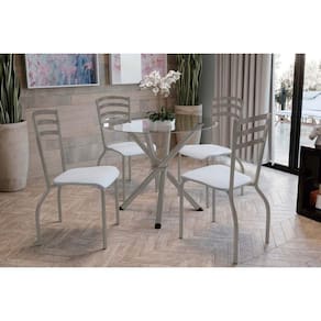 Conjunto: Mesa de Cozinha Volga c/ Tampo de Vidro 95cm e 4 Cadeiras Portugal Niquel - Courano Branco - Kappesberg