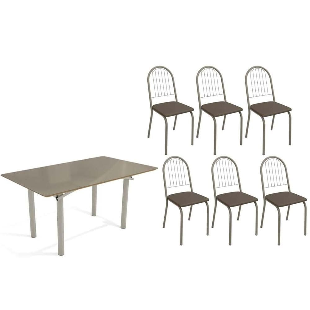 Conjunto: Mesa de Cozinha Elba Tampo Madeirado c/ Vidro 160cm e 6 Cadeiras Noruega Niquel/Freijo Bronze - Courano Marrom - Kappesberg