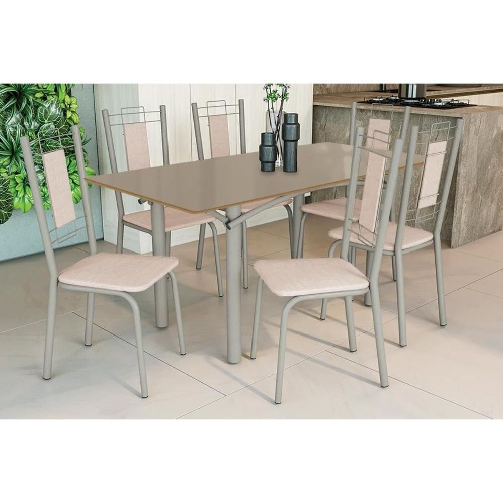 Conjunto: Mesa Sala Jantar Elba Tampo Madeirado c/ Vidro 160cm e 6 Cadeiras Florença Niquel/Freijo Bronze - Courano Bege - Kappesberg