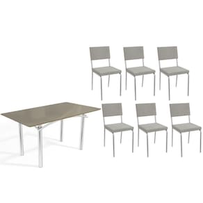 Conjunto: Mesa de Cozinha Elba Tampo Madeirado c/ Vidro 160cm e 6 Cadeiras Zaria Cromada/Freijo Bronze - Boucle Cinza - Kappesberg