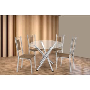 Conjunto: Mesa de Cozinha Volga c/ Tampo de Vidro 95cm e 4 Cadeiras Florença Cromada - Courano Capuccino - Kappesberg