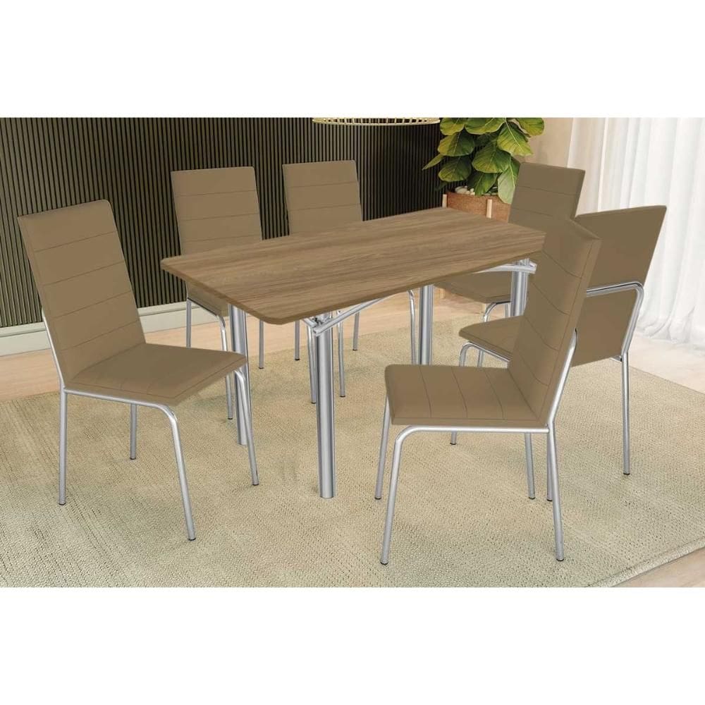 Conjunto: Mesa de Cozinha Elba c/ Tampo de Madeira 160cm e 6 Cadeiras Amsterdã Cromada/Nogueira - Courano Capuccino - Kappesberg