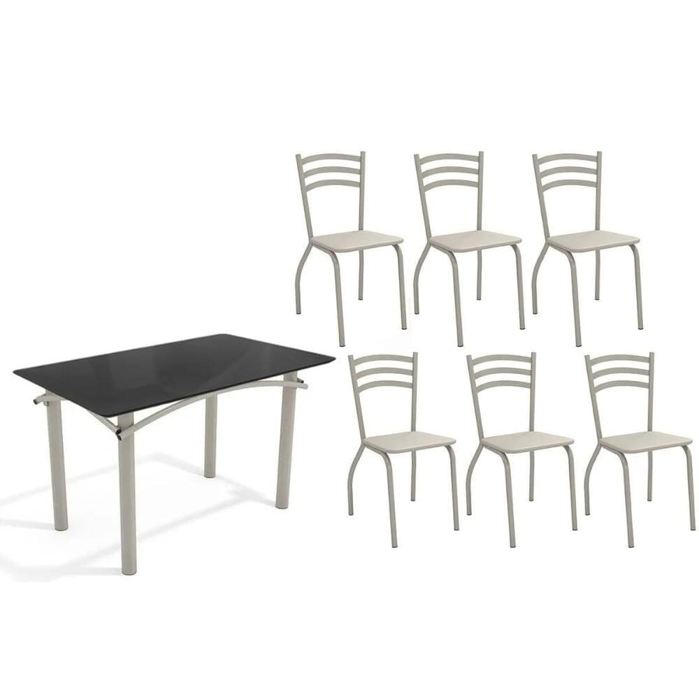 Conjunto: Mesa de Cozinha Elba Tampo Madeirado c/ Vidro 120cm e 6 Cadeiras Portugal Niquel/Preto - Courano Bege - Kappesberg
