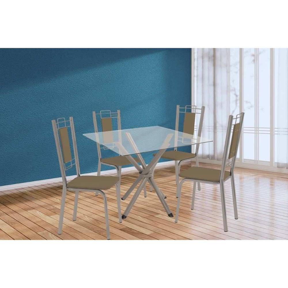 Conjunto: Mesa de Cozinha Volga c/ Tampo de Vidro 90cm e 4 Cadeiras Florença Niquel - Courano Capuccino - Kappesberg