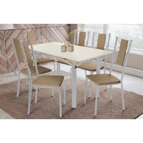 Conjunto: Mesa Sala Jantar Elba Tampo Madeirado c/ Vidro 160cm e 6 Cadeiras Lisboa Cromada/Off White - Courano Capuccino - Kappesberg
