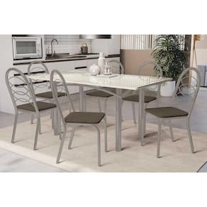 Conjunto: Mesa Sala Jantar Elba Tampo Madeirado c/ Vidro 160cm e 6 Cadeiras Holanda Niquel/Off White - Courano Marrom - Kappesberg