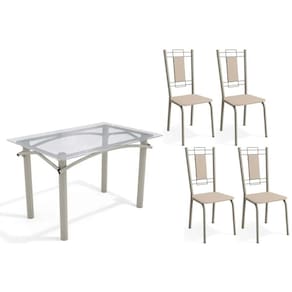 Conjunto: Mesa Sala Jantar Elba c/ Tampo de Vidro 120cm e 4 Cadeiras Florença Niquel - Courano Bege - Kappesberg