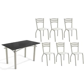 Conjunto: Mesa de Cozinha Elba Tampo Madeirado c/ Vidro 120cm e 6 Cadeiras Portugal Niquel/Preto - Courano Branco - Kappesberg
