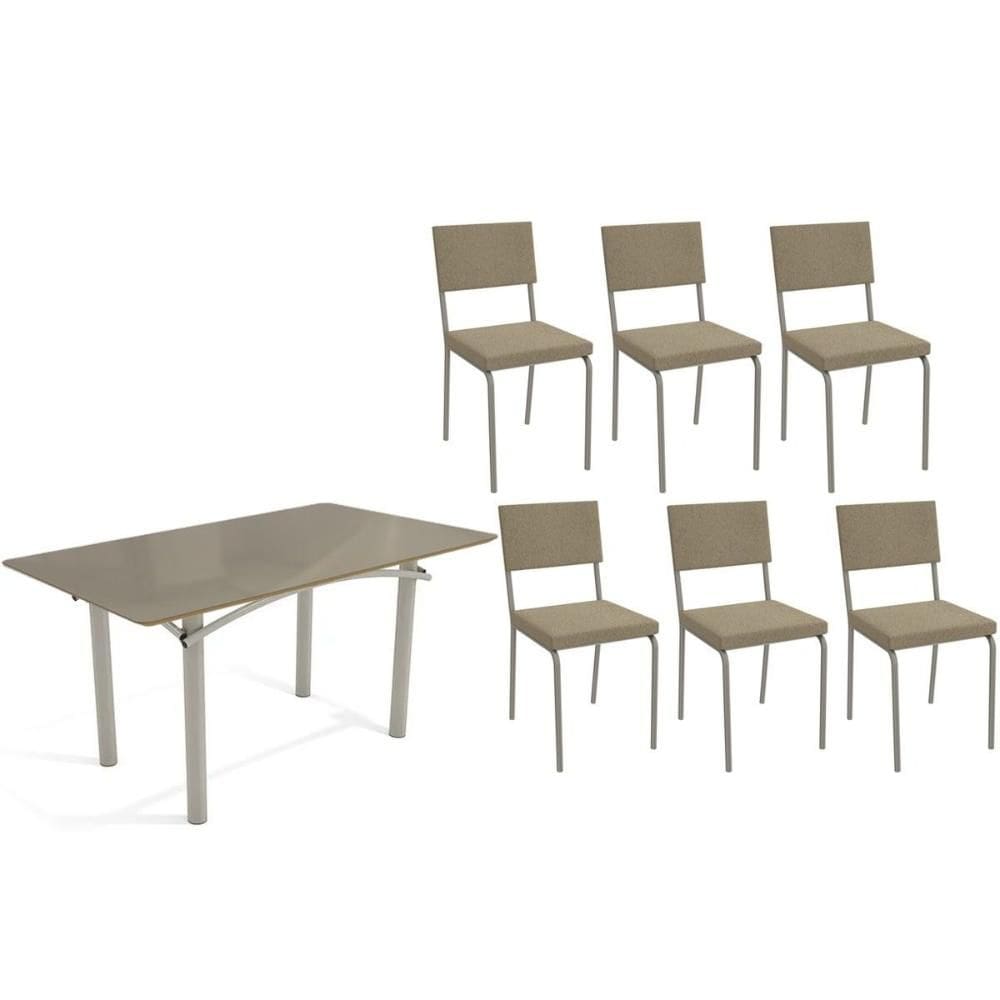 Conjunto: Mesa de Cozinha Elba Tampo Madeirado c/ Vidro 160cm e 6 Cadeiras Zaria Niquel/Freijo Bronze - Boucle Bege - Kappesberg