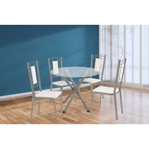 Conjunto: Mesa de Cozinha Volga c/ Tampo de Vidro 95cm e 4 Cadeiras Florença Niquel - Courano Branco - Kappesberg