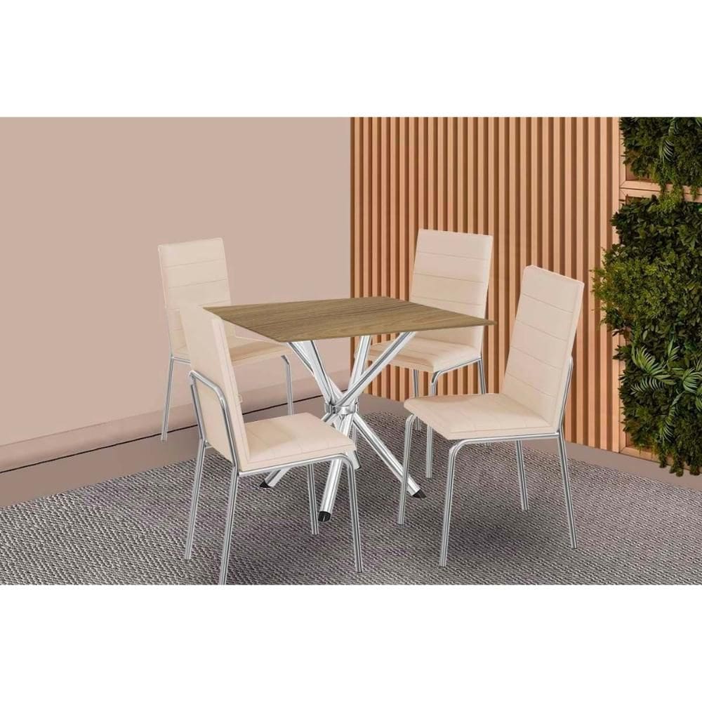 Conjunto: Mesa Sala Jantar Volga c/ Tampo de Madeira 90cm e 4 Cadeiras Amsterdã Cromado/Nogueira - Bege - Kappesberg