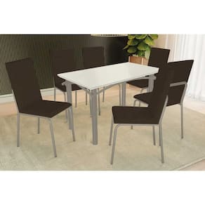 Conjunto: Mesa de Cozinha Elba Tampo Madeirado c/ Vidro 120cm e 6 Cadeiras Amsterdã Niquel/Off White - Courano Marrom - Kappesberg