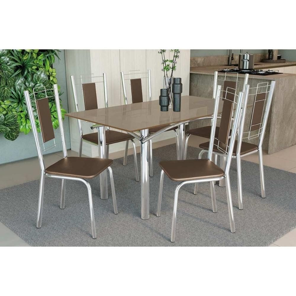 Conjunto: Mesa de Cozinha Elba Tampo Madeirado c/ Vidro 160cm e 6 Cadeiras Florença Cromada/Freijo Bronze - Courano Marrom - Kappesberg