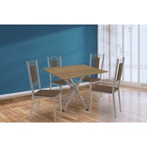 Conjunto: Mesa de Cozinha Volga c/ Tampo de Madeira 90cm e 4 Cadeiras Florença Niquel/Nogueira - Marrom - Kappesberg