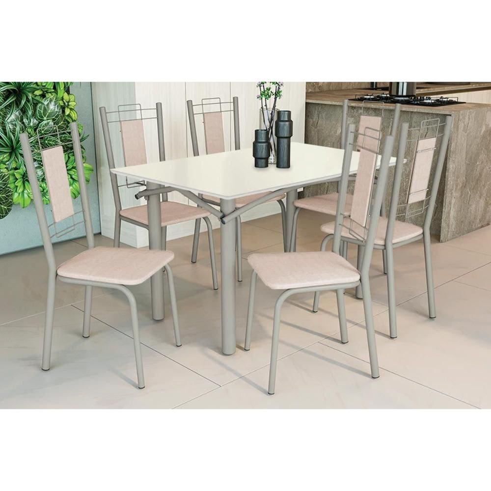 Conjunto: Mesa Sala Jantar Elba Tampo Madeirado c/ Vidro 120cm e 6 Cadeiras Florença Niquel/Off White - Courano Bege - Kappesberg