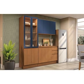 Kit Cozinha Modulada 4 Peças Ciela (1Aéreo+1Balcão+1Cristaleira+1Complemento) C4P166 Canela/Azul Profundo - Kappesberg