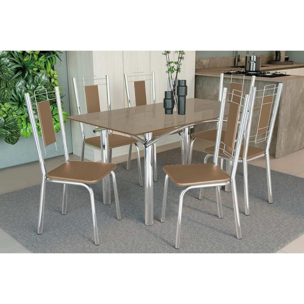 Conjunto: Mesa Sala Jantar Elba Tampo Madeirado c/ Vidro 160cm e 6 Cadeiras Florença Cromada/Freijo Bronze - Courano Capuccino - Kappesberg
