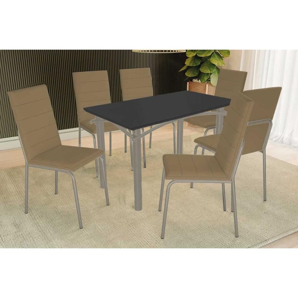 Conjunto: Mesa de Cozinha Elba Tampo Madeirado c/ Vidro 120cm e 6 Cadeiras Amsterdã Niquel/Preto - Courano Capuccino - Kappesberg