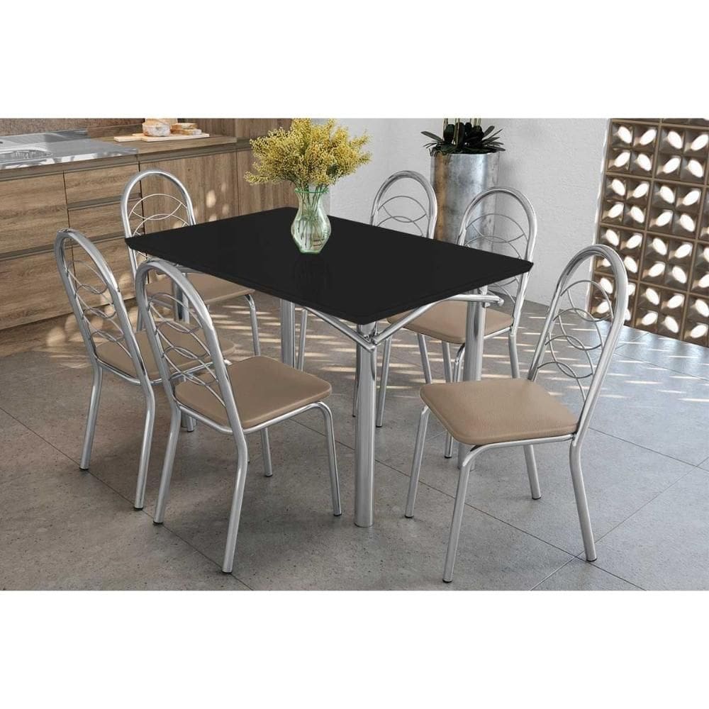 Conjunto: Mesa Sala Jantar Elba Tampo Madeirado c/ Vidro 120cm e 6 Cadeiras Holanda Cromada/Preto - Courano Bege - Kappesberg