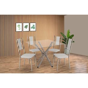 Conjunto: Mesa de Cozinha Volga c/ Tampo de Vidro 90cm e 4 Cadeiras Lisboa Niquel - Courano Branco - Kappesberg