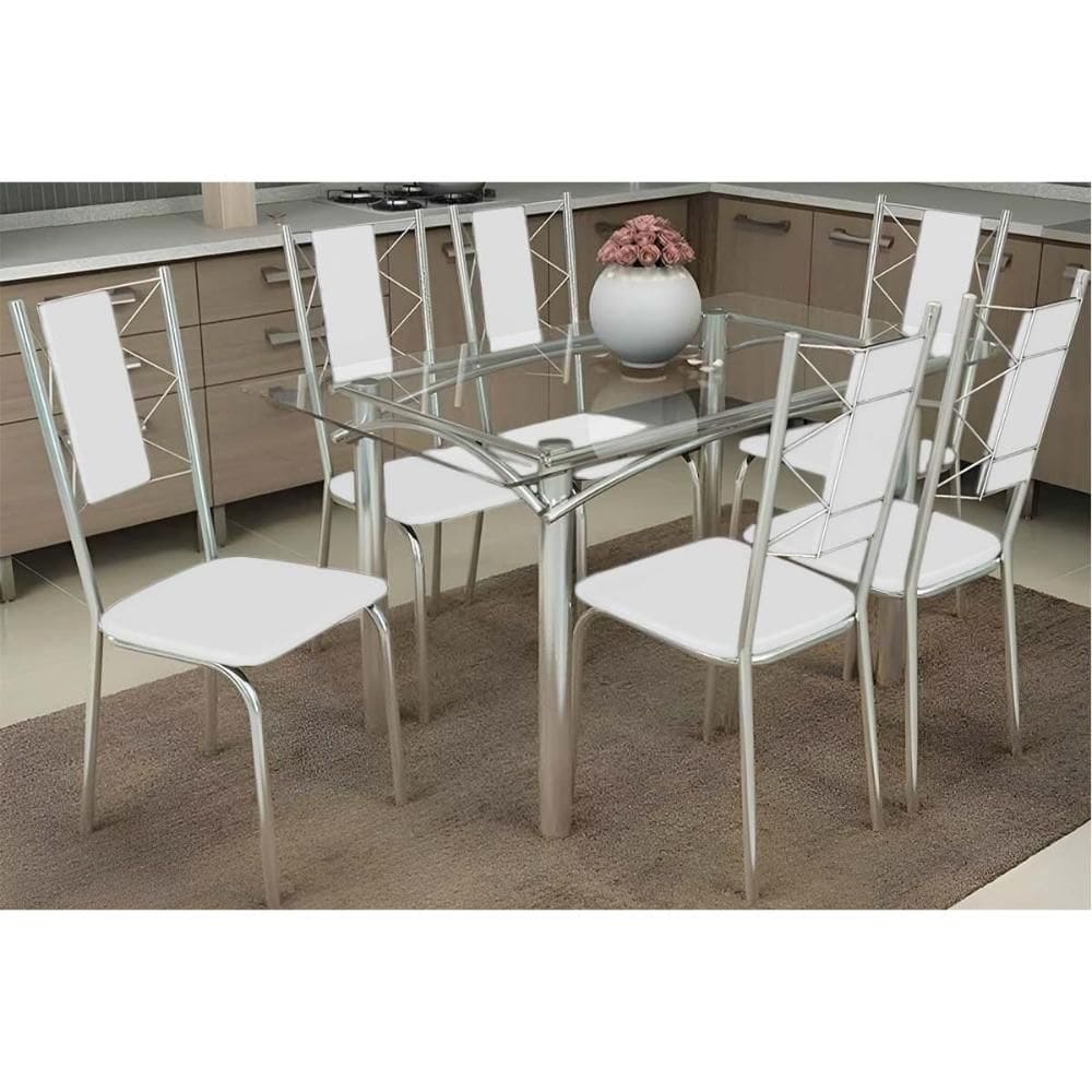 Conjunto: Mesa de Cozinha Elba c/ Tampo de Vidro 120cm e 6 Cadeiras Lisboa Cromada - Courano Branco - Kappesberg