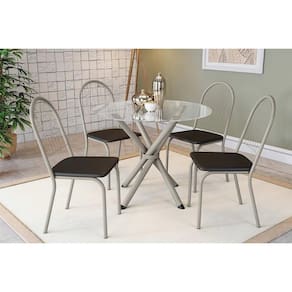 Conjunto: Mesa Sala Jantar Volga c/ Tampo de Vidro 95cm e 4 Cadeiras Noruega Niquel - Courano Preto - Kappesberg