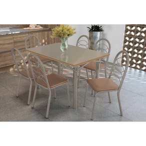 Conjunto: Mesa de Cozinha Elba Tampo Madeirado c/ Vidro 120cm e 6 Cadeiras Holanda Niquel/Freijo Bronze - Courano Capuccino - Kappesberg