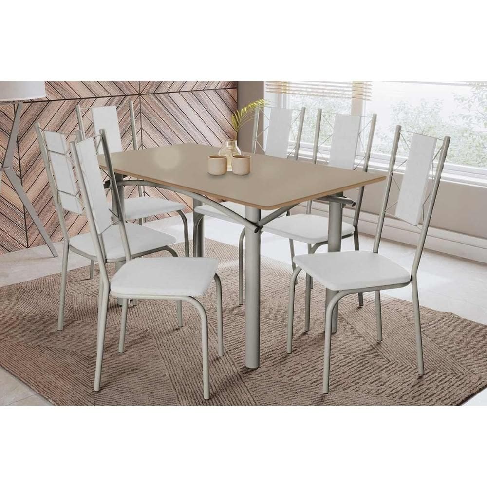 Conjunto: Mesa Sala Jantar Elba Tampo Madeirado c/ Vidro 160cm e 6 Cadeiras Lisboa Niquel/Freijo Bronze - Courano Branco - Kappesberg