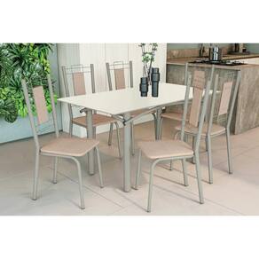 Conjunto: Mesa Sala Jantar Elba Tampo Madeirado c/ Vidro 160cm e 6 Cadeiras Florença Niquel/Off White - Courano Bege - Kappesberg