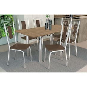 Conjunto: Mesa Sala Jantar Elba c/ Tampo de Madeira 160cm e 6 Cadeiras Florença Cromada/Nogueira - Courano Marrom - Kappesberg