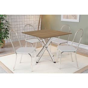 Conjunto: Mesa de Cozinha Volga c/ Tampo de Madeira 90cm e 4 Cadeiras Noruega Cromado/Nogueira - Branco - Kappesberg