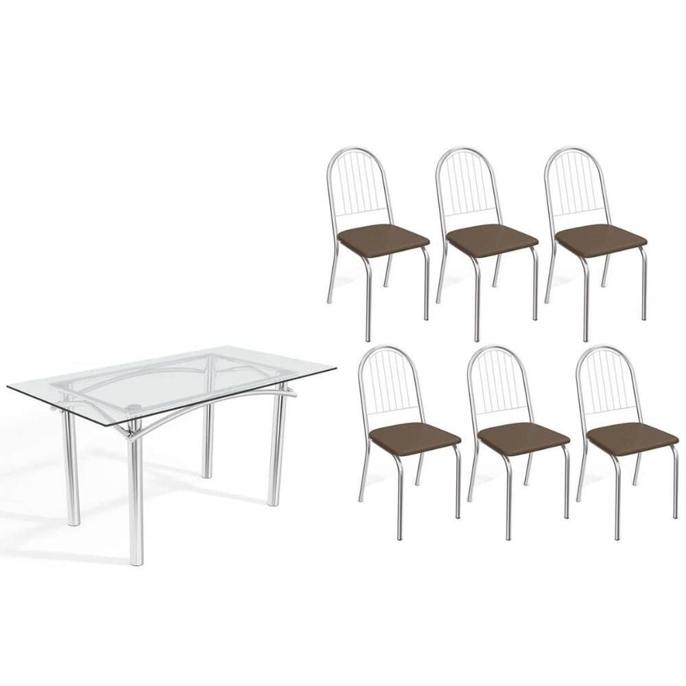 Conjunto: Mesa Sala Jantar Elba c/ Tampo de Vidro 150cm e 6 Cadeiras Noruega Cromada - Courano Marrom - Kappesberg