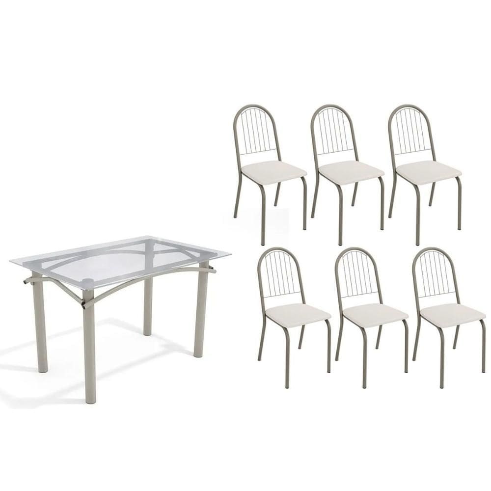 Conjunto: Mesa de Cozinha Elba c/ Tampo de Vidro 120cm e 6 Cadeiras Noruega Niquel - Courano Branco - Kappesberg