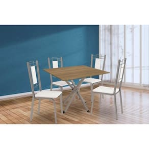 Conjunto: Mesa de Cozinha Volga c/ Tampo de Madeira 90cm e 4 Cadeiras Florença Niquel/Nogueira - Branco - Kappesberg