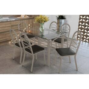 Conjunto: Mesa de Cozinha Elba c/ Tampo de Vidro 120cm e 6 Cadeiras Holanda Niquel - Courano Preto - Kappesberg
