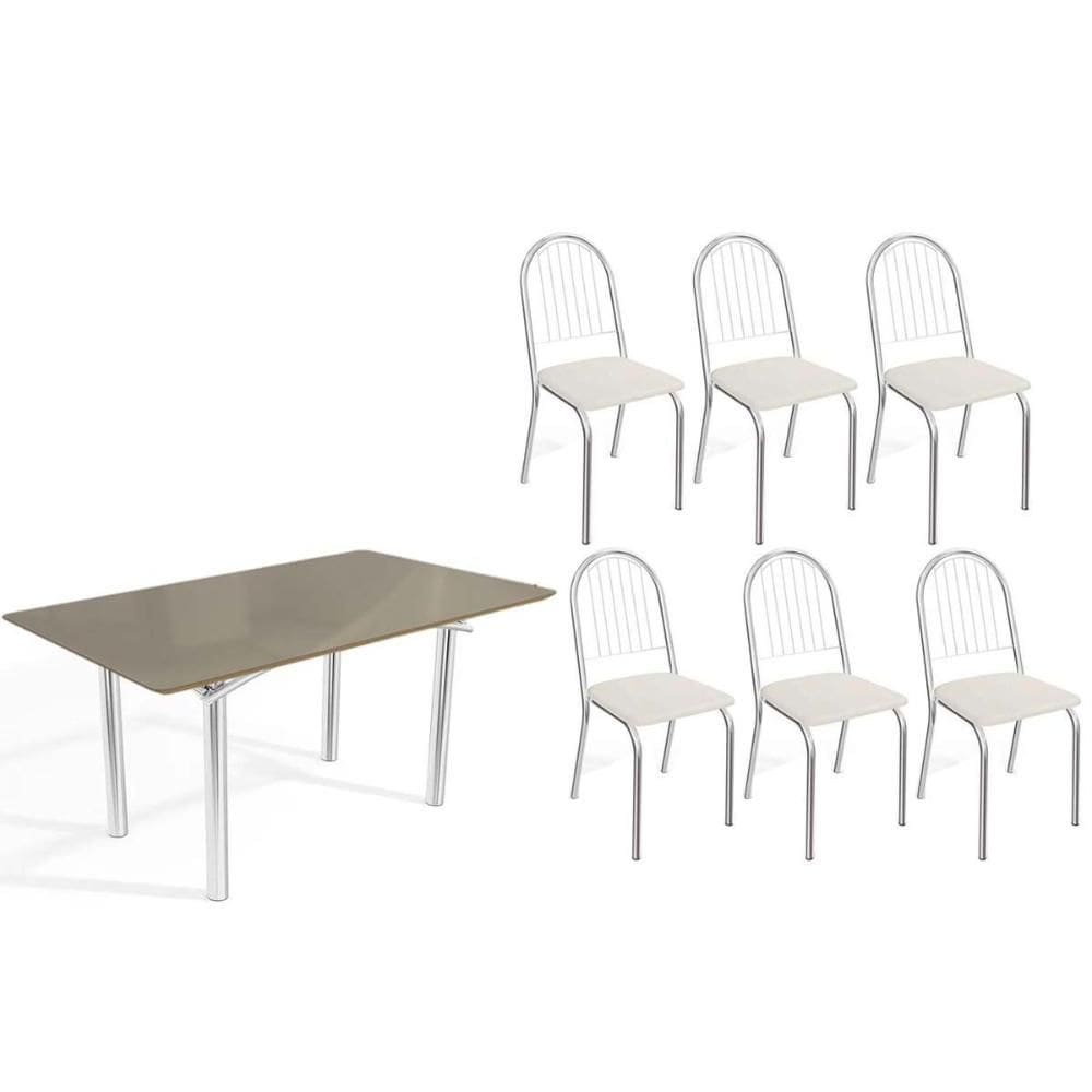 Conjunto: Mesa de Cozinha Elba Tampo Madeirado c/ Vidro 160cm e 6 Cadeiras Noruega Cromada/Freijo Bronze - Courano Branco - Kappesberg